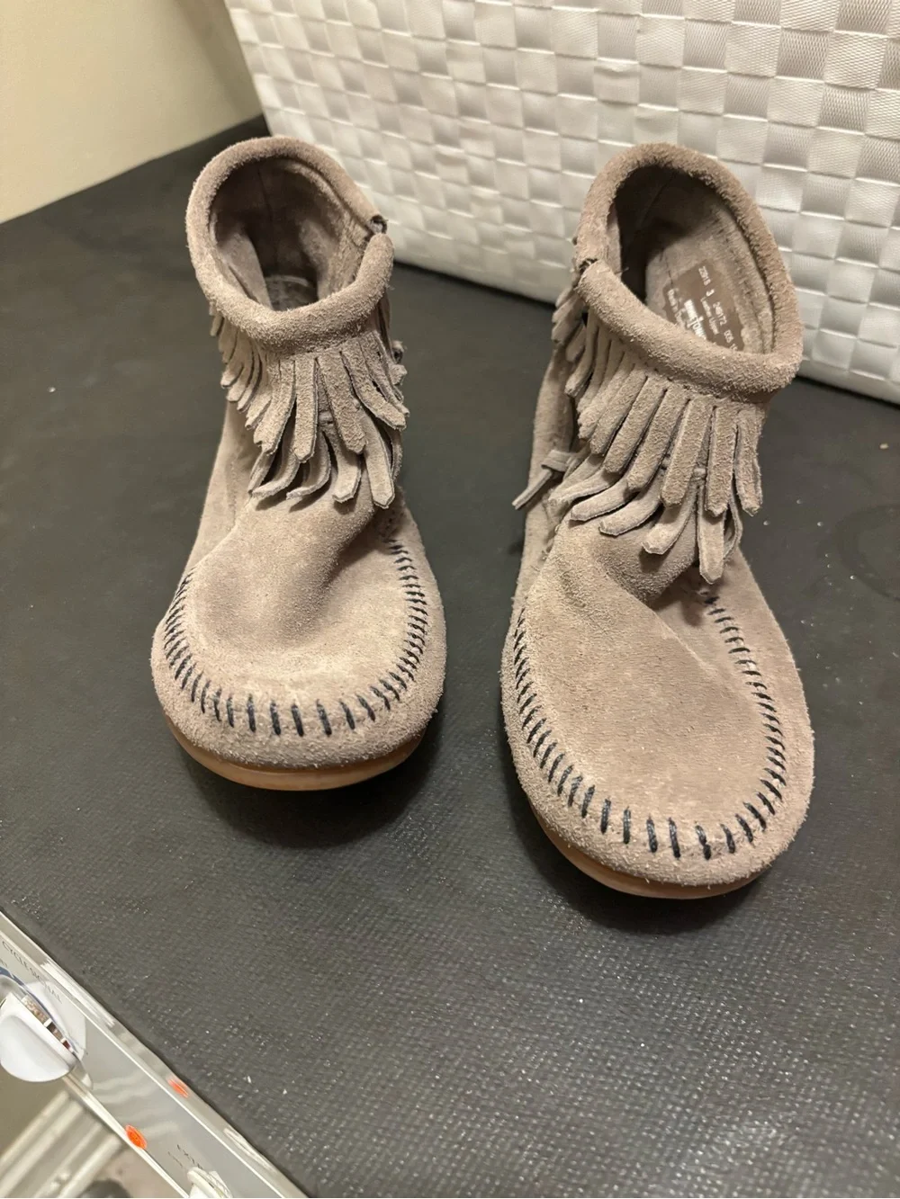 Minnetonka Kids Suede Fringe Moccasins - Taupe